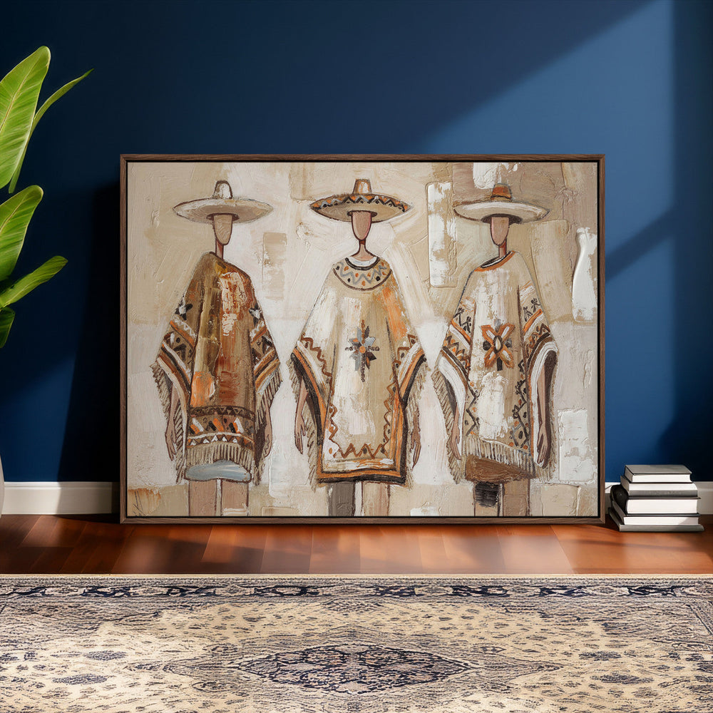 Mexican Folk Art Canvas Wall Art, Charro Poncho Sombrero Painting Print, Neutral Beige Boho Decor, Southwestern Impasto Style, Living Room Art
