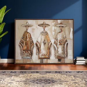 Mexican Folk Art Canvas Wall Art, Charro Poncho Sombrero Painting Print, Neutral Beige Boho Decor, Southwestern Impasto Style, Living Room Art