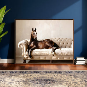 Funny Horse on Sofa Canvas Wall Art, Quirky Horse Lounging Photo Print, Whimsical Animal Decor, Living Room Conversation Art, Horse Lover Gift