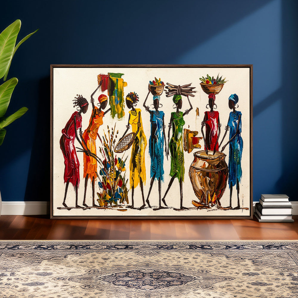 African Folk Art Canvas Wall Art, Colorful African Women Village Painting Print, Tribal Ethnic Home Decor, Vibrant African Art, Living Room
