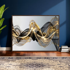 Black and Gold Abstract Wall Art, Modern Wave Canvas Print, Elegant Flowing Smoke Art, Luxury Living Room Decor