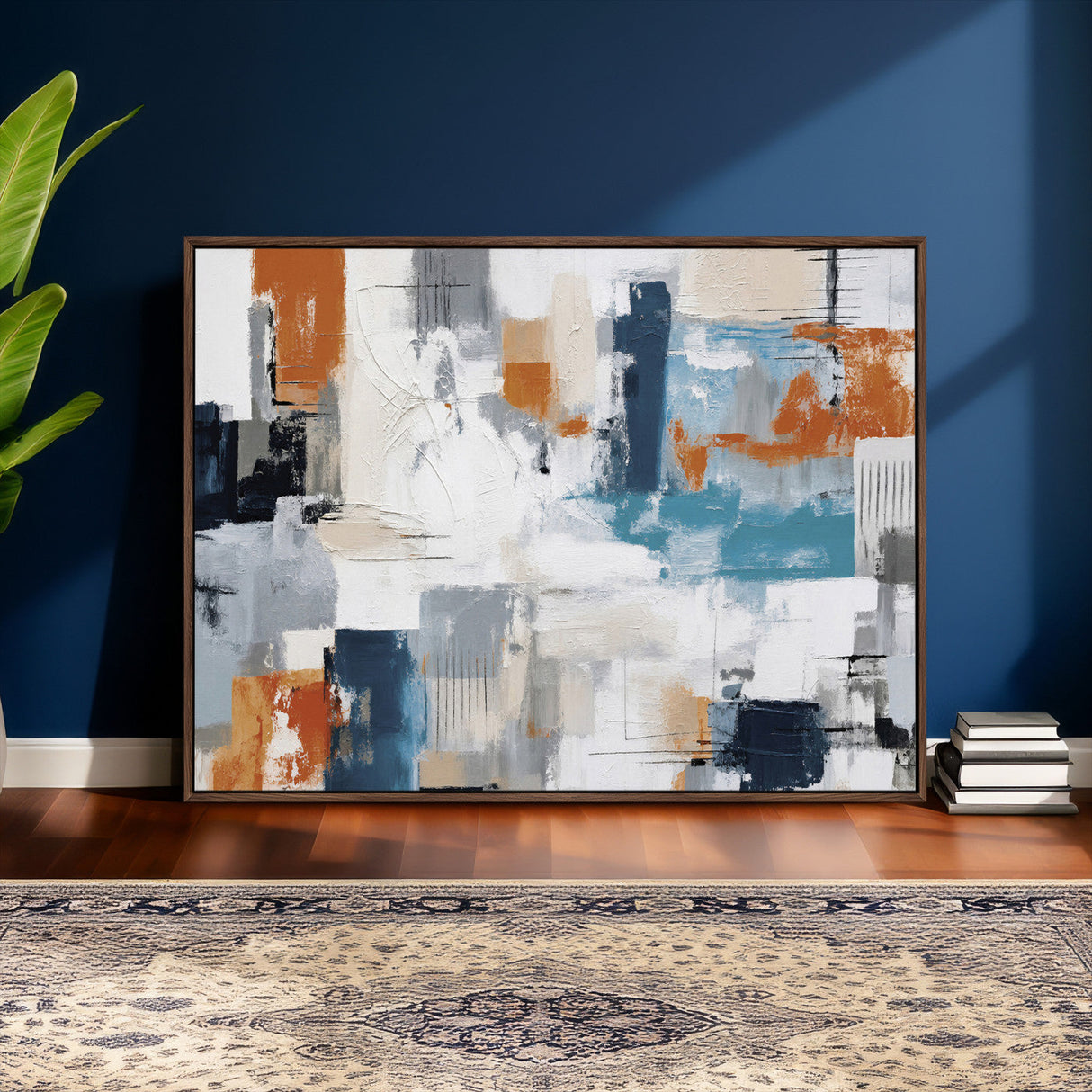 Blue Teal Abstract Canvas Wall Art, Modern Textured Painting Print, Navy Orange White Contemporary Art, Neutral Living Room Decor, Office Art