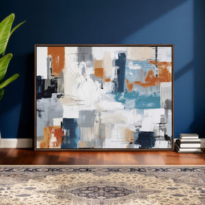Blue Teal Abstract Canvas Wall Art, Modern Textured Painting Print, Navy Orange White Contemporary Art, Neutral Living Room Decor, Office Art