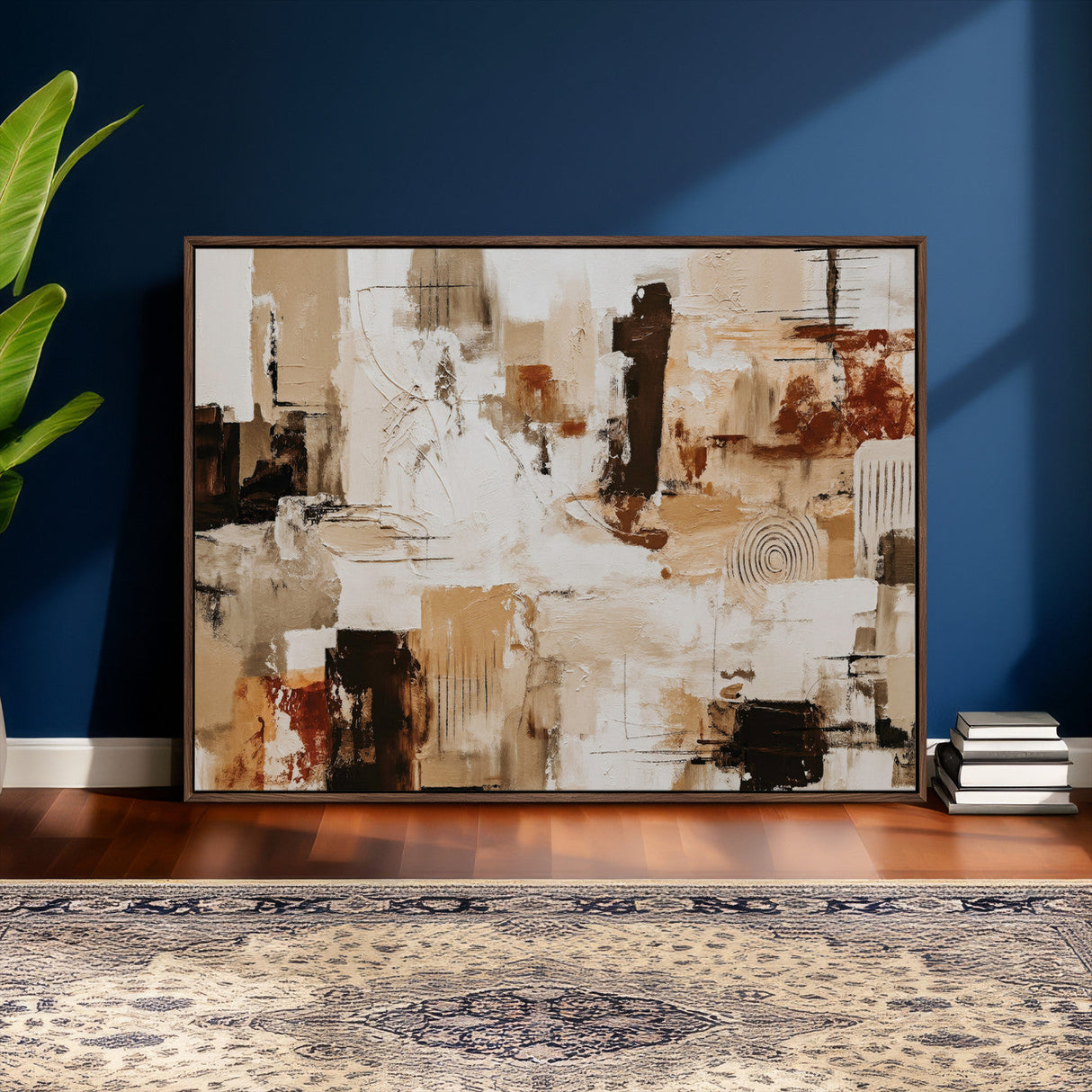 Blue Teal Abstract Canvas Wall Art, Modern Textured Painting Print, Navy Orange White Contemporary Art, Neutral Living Room Decor, Office Art