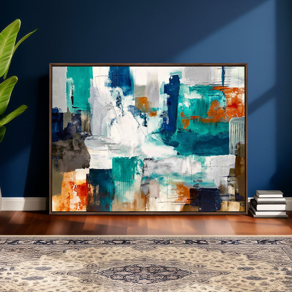 Blue Teal Abstract Canvas Wall Art, Modern Textured Painting Print, Navy Orange White Contemporary Art, Neutral Living Room Decor, Office Art