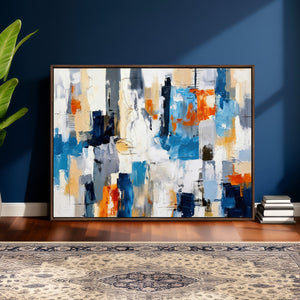 Blue Teal Abstract Canvas Wall Art, Modern Textured Painting Print, Navy Orange White Contemporary Art, Neutral Living Room Decor, Office Art