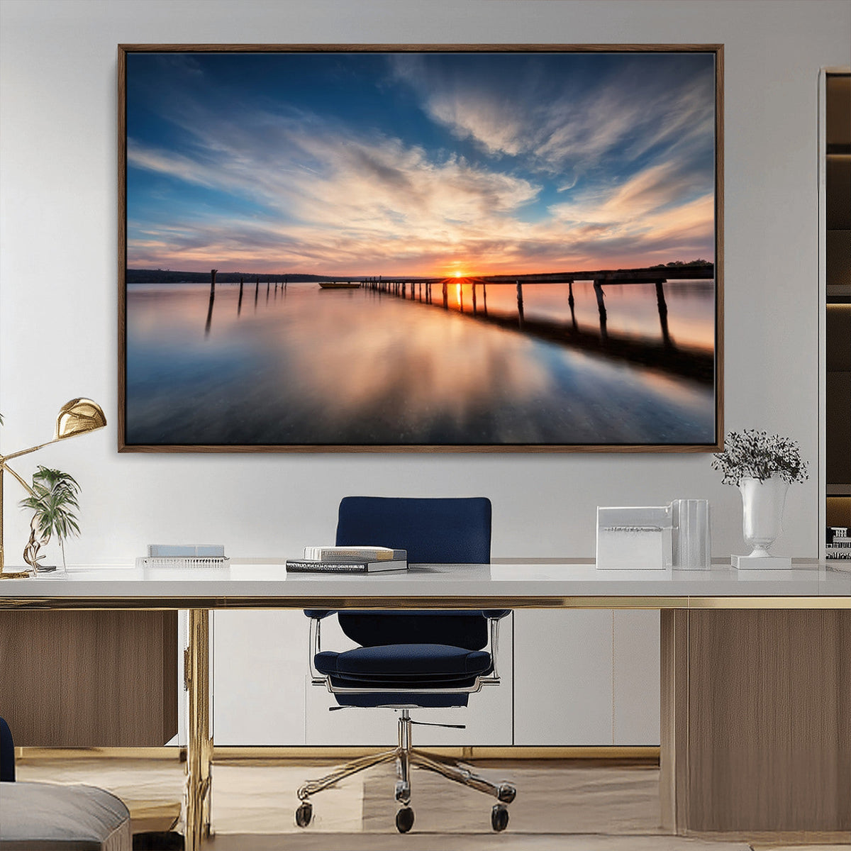 Wooden Pier on Seascape and Sunset Wall Art Canvas Print