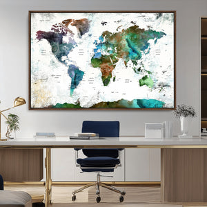 Modern Watercolor World Map Canvas Wall Art – Framed