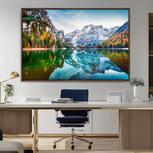 Spectacular autumn view of Braies Lake Wall Art Canvas Print