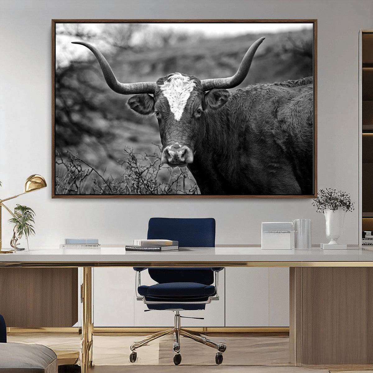Western Home Wall Art Canvas Print, Framed Texas Longhorn