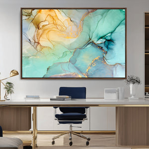 Abstract Aqua and Gold Fluid Wall Art Canvas | 3 Panel Large
