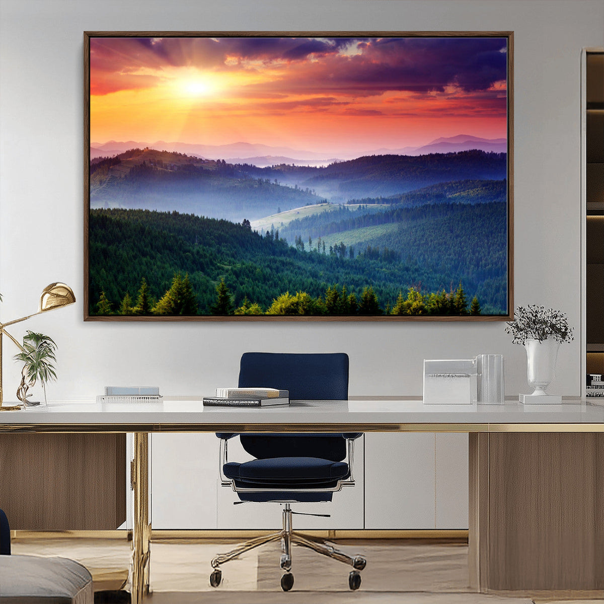Beautiful Sunset over Hills Forest Landscape Canvas Wall Art
