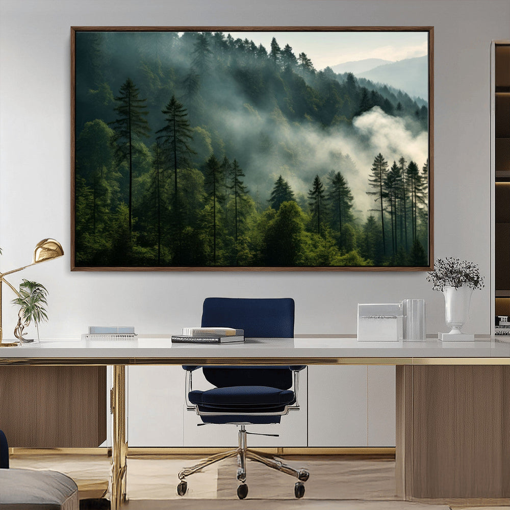 Misty Forest Wall Art Premium Canvas Print a Foggy and