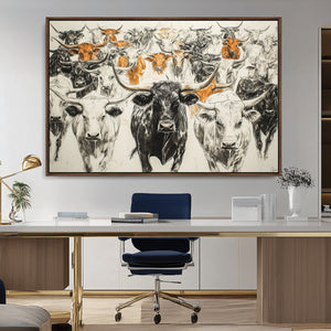 Farmhouse Wall Art | Western Longhorn Cattle Canvas Print |