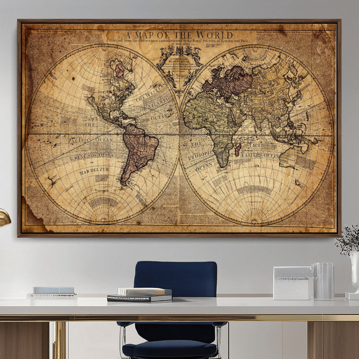 Vintage World Map Wall Art Canvas – Antique Style Push Pin