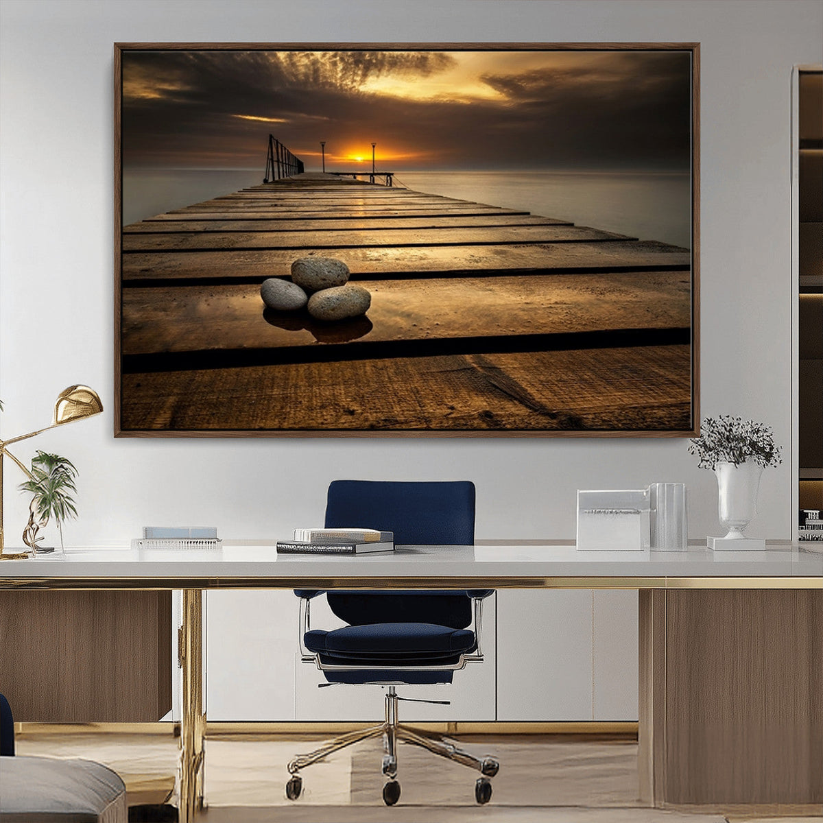 Stones on Wooden Pier at Sunset Canvas Print, Serene Coastal