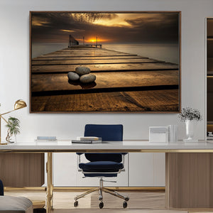 Stones on Wooden Pier at Sunset Canvas Print, Serene Coastal