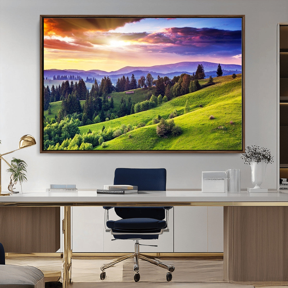 Green Hills and Sunset Wall Art Print - Scenic Landscape