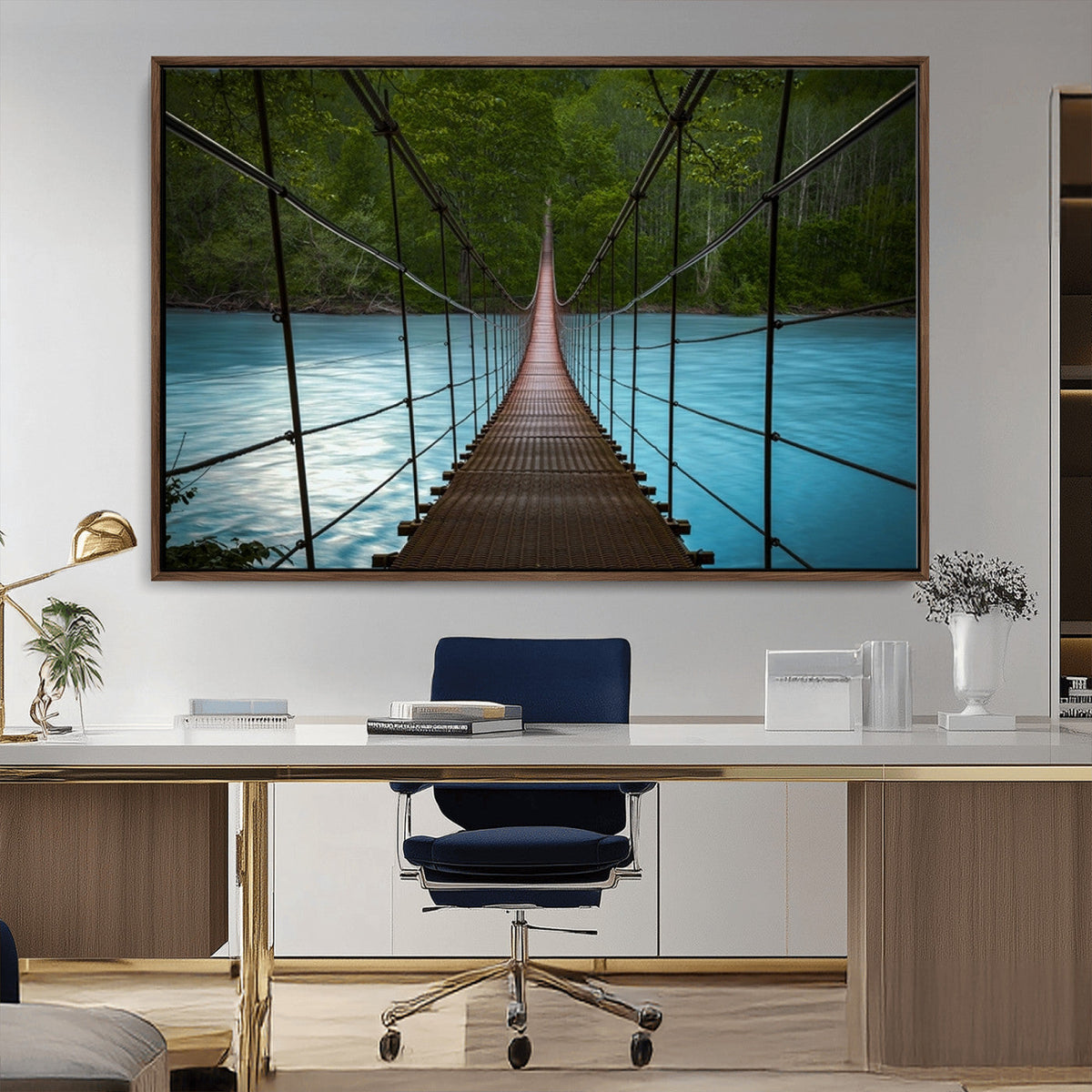 Suspension Bridge Over River Canvas Art | 3-Panel Nature