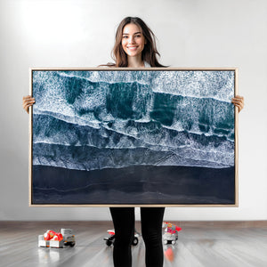 Black Beach Wall Art Canvas Print – Framed Aerial Ocean View