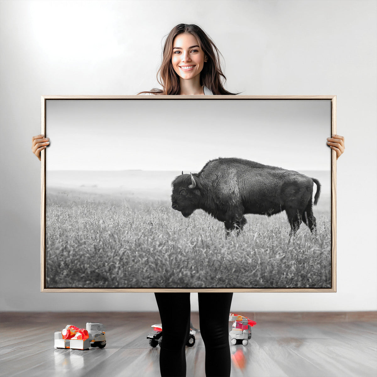 Bison in Prairie Wall Art Canvas Print – Framed Rustic