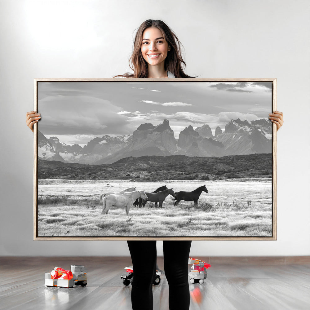 Wild Horses Wall Art Canvas Print – Framed Black and White