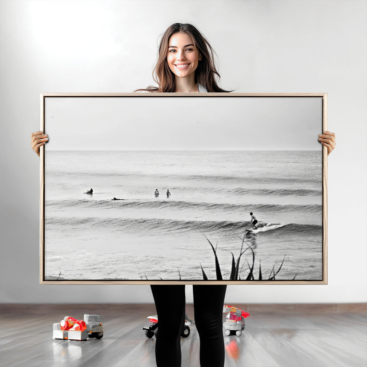 Surfer Silhouette Wall Art – Framed Calm Ocean Monochrome