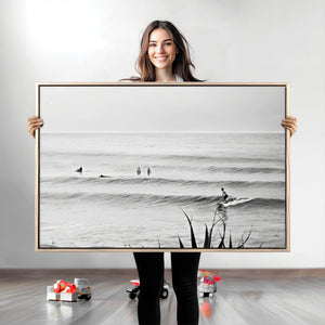 Surfer Silhouette Wall Art – Framed Calm Ocean Monochrome
