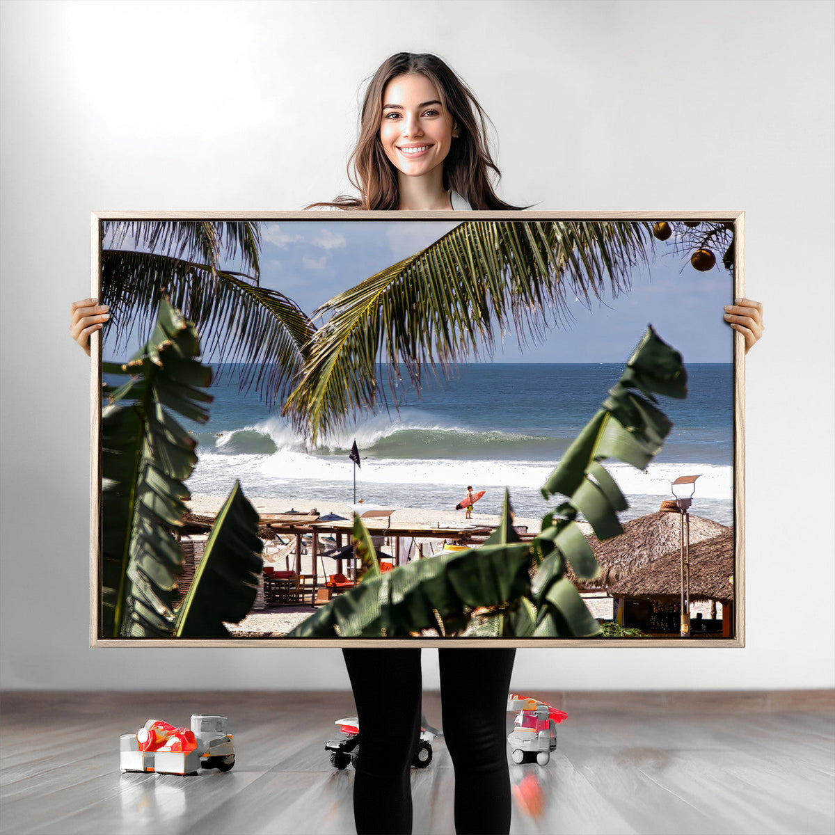 Tropical Shoreline Wall Art Canvas Print – Framed Surfer