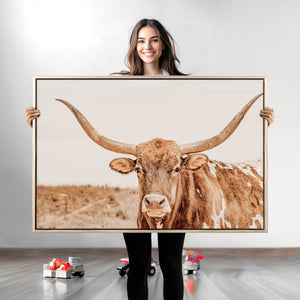 Texas Longhorn Wall Art Canvas Print – Framed Sepia Cow Art