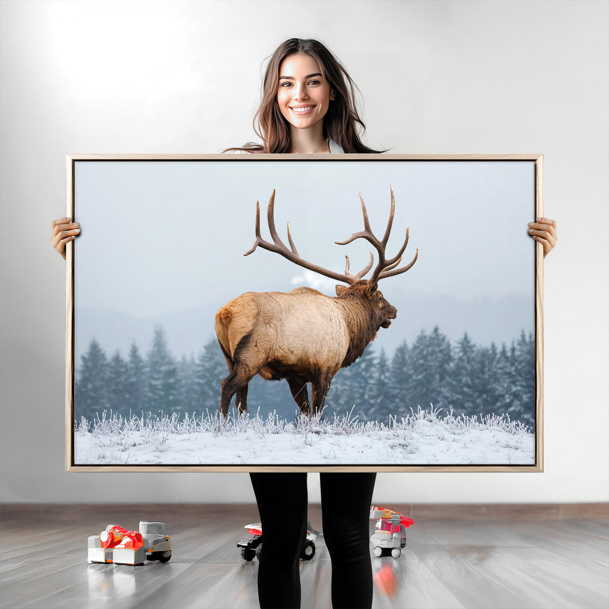 Elk Wall Art Canvas Print – Framed Snowy Forest Scene Art