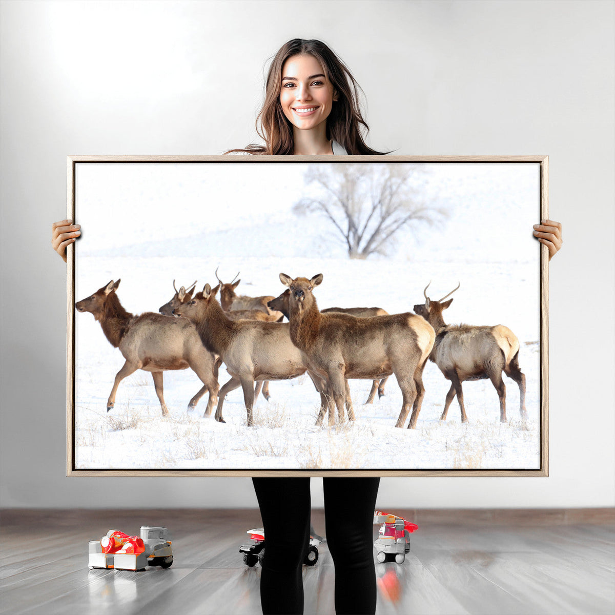 Winter Elk Scene Wall Art Canvas Print – Framed Wildlife
