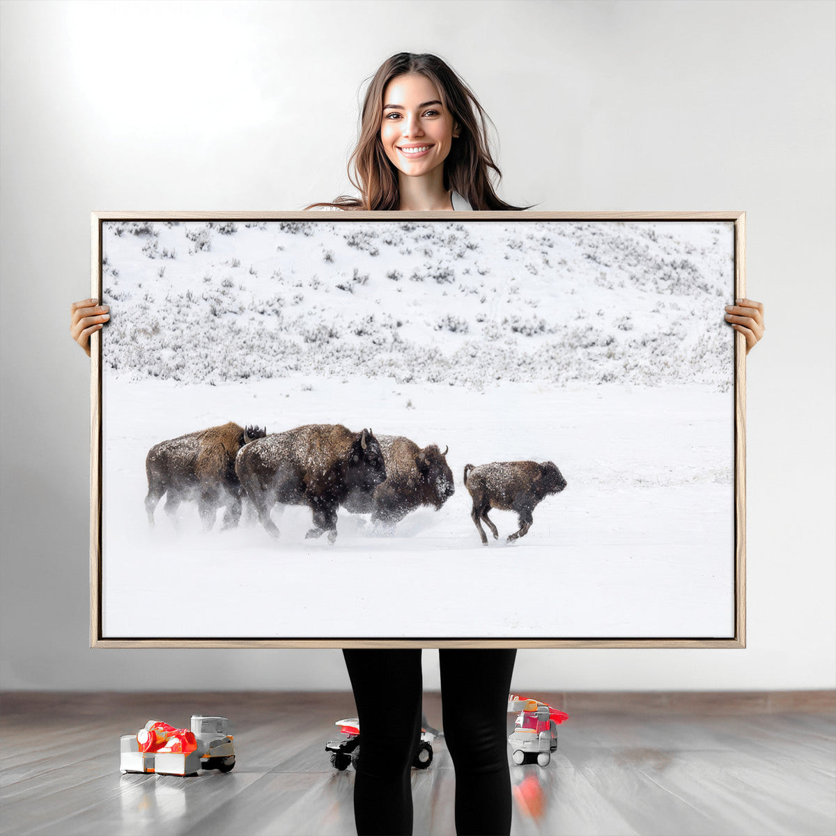Bison Herd Decor Wall Art Canvas Print – Framed Snowy Bison