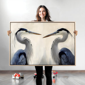Blue Heron Pair Wall Art Canvas Print, Framed Coastal Bird