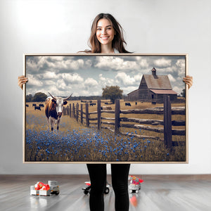 Texas Longhorn Canvas Wall Art Print – Framed Rustic Barn