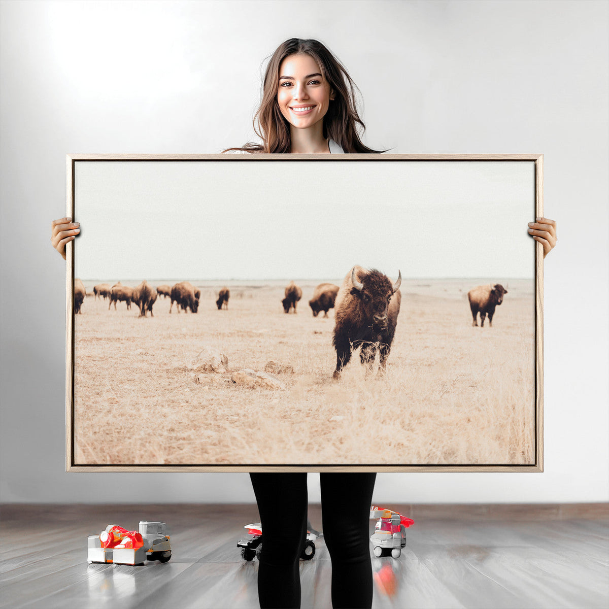 Bison Herd Wall Art Canvas Print, Framed Western Landscape