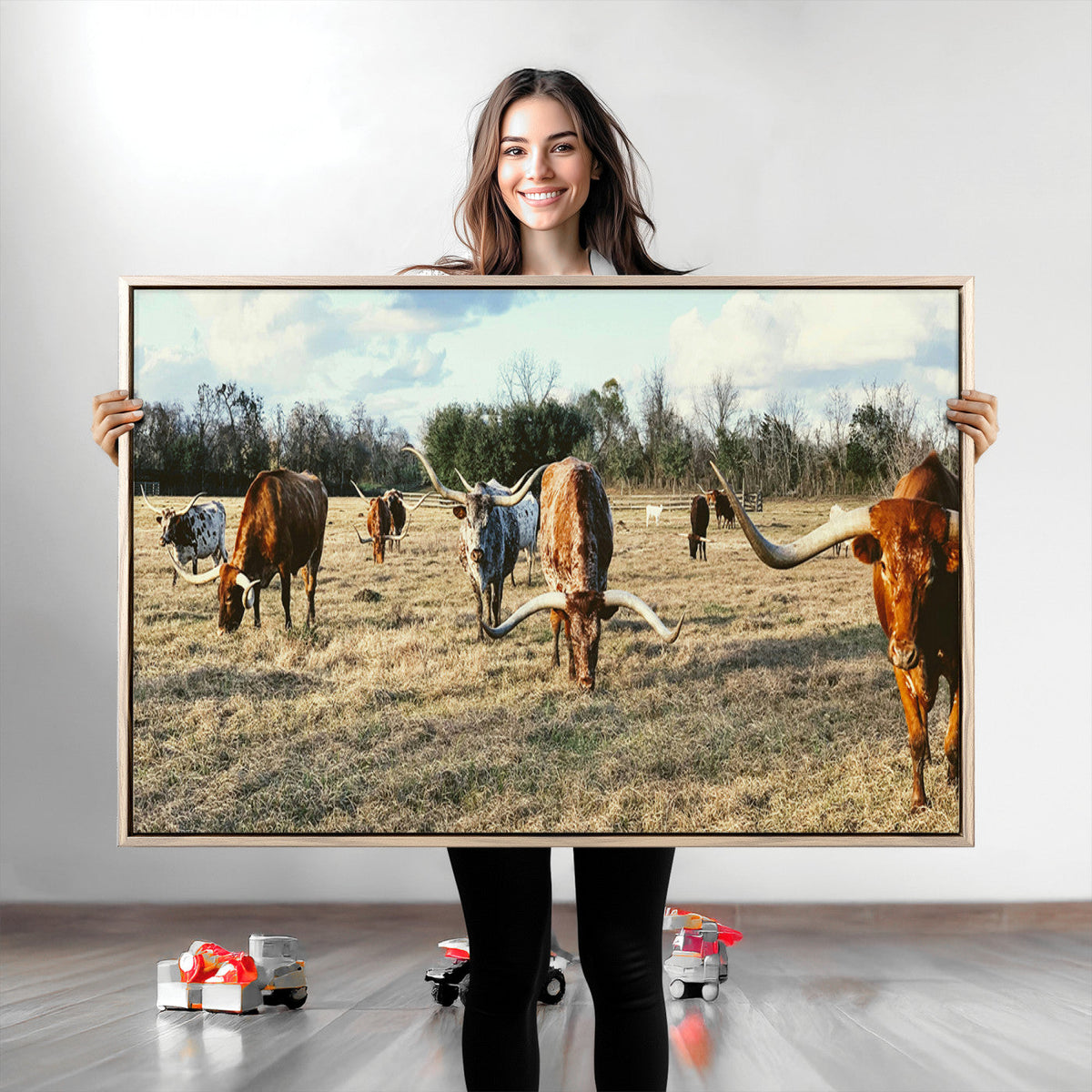 Texas Longhorns Wall Art Canvas Print – Framed Rustic Farm