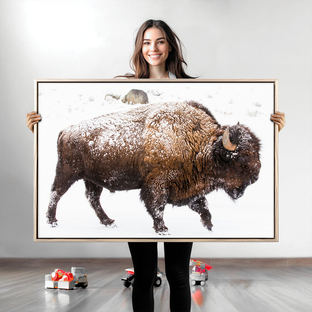 Snowy Buffalo Wall Art Canvas Print – Framed Wildlife