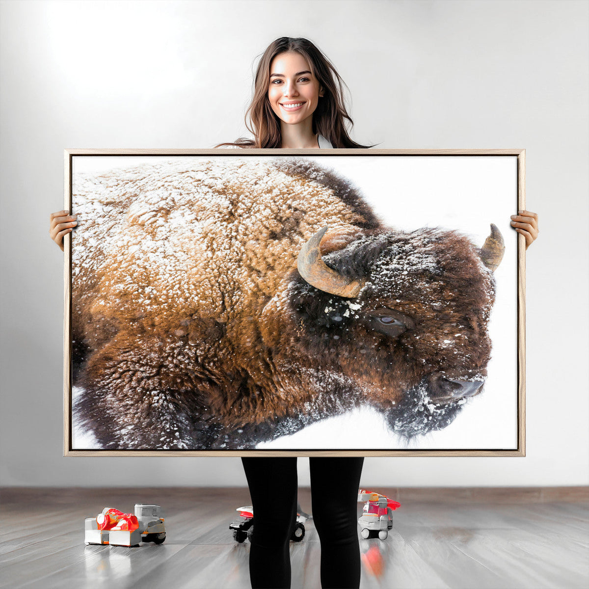 Snowy Buffalo Wall Art Canvas Print – Framed Rustic Lodge