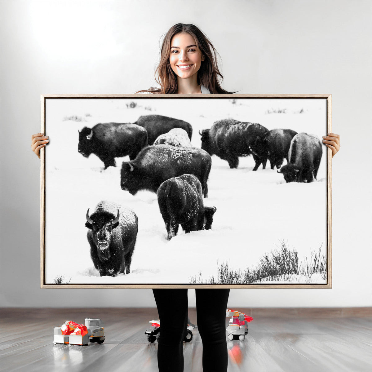 Buffalo Herd Wall Art Canvas Print – Framed Black and White