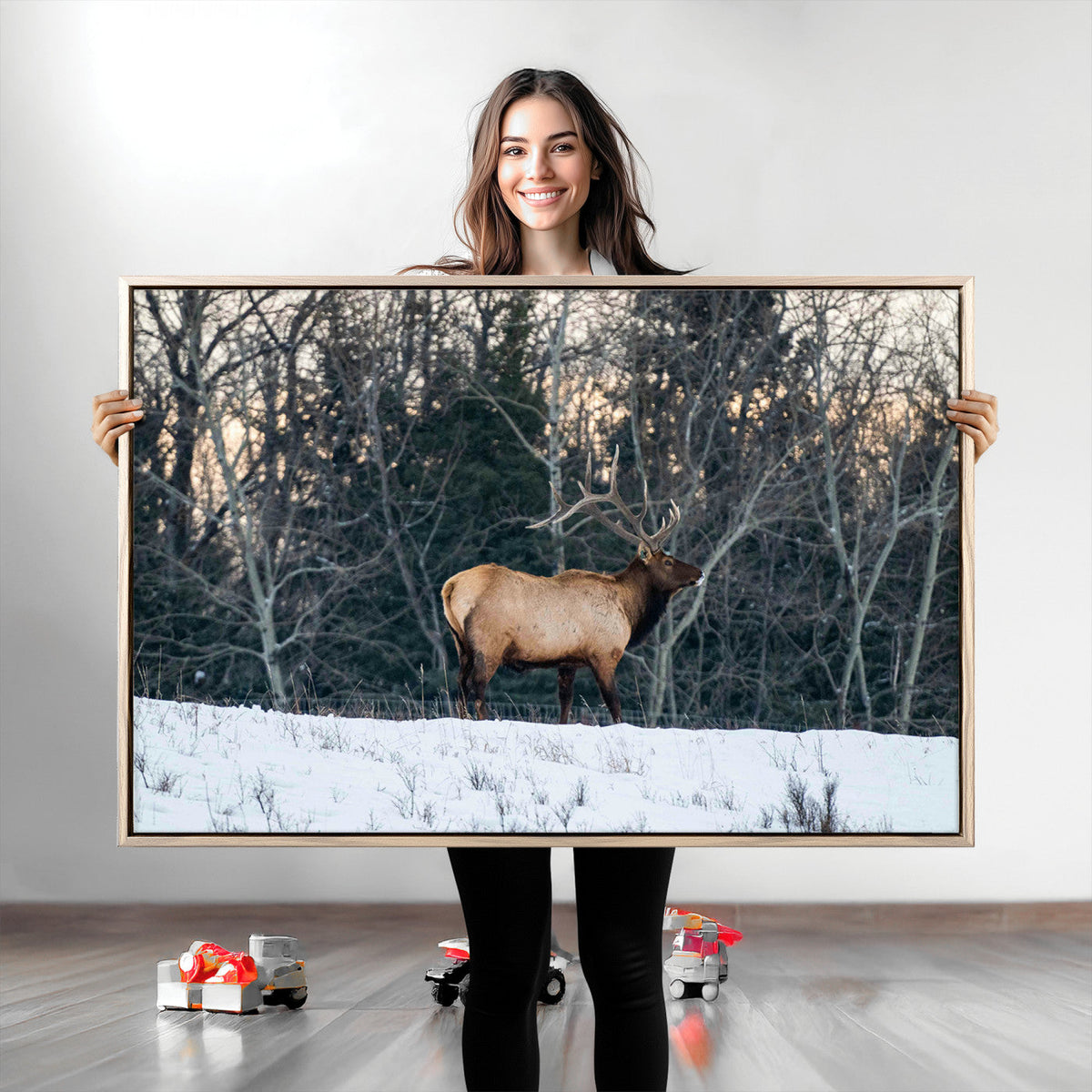 Wild Elk Wall Art Canvas Print – Framed Winter Wildlife