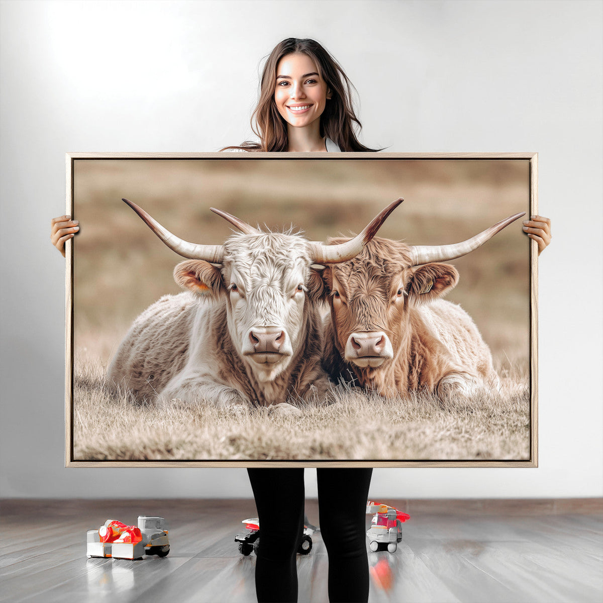 Couple Highland Cows Wall Art Canvas Print – Peaceful Meadow