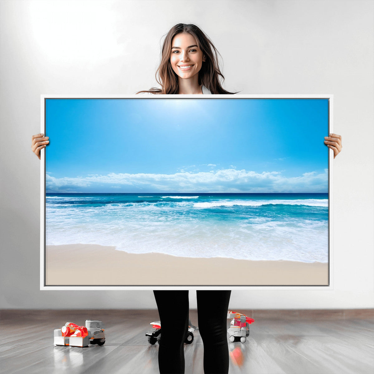 Wall Art Canvas Print Shiny Blue Sea and Beach