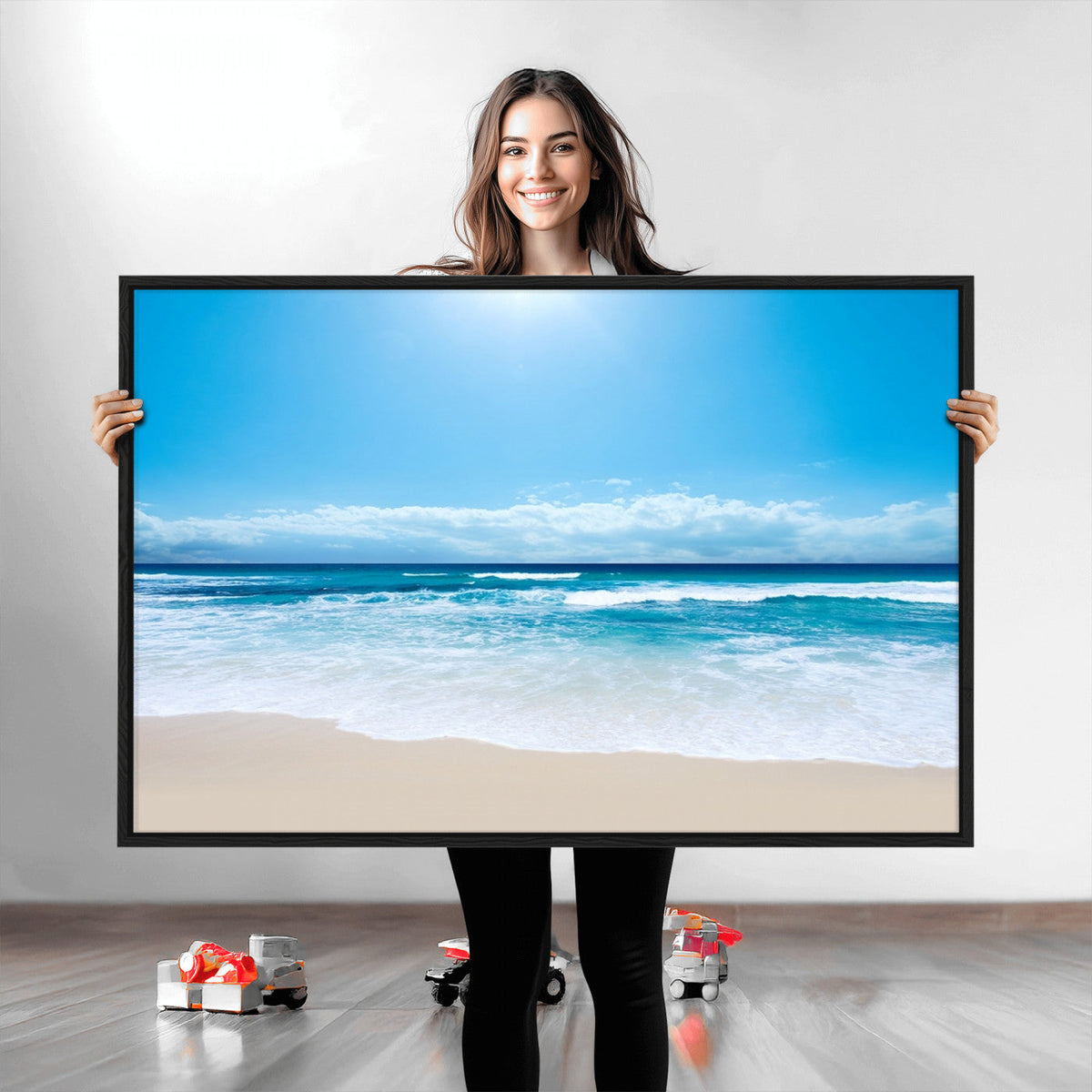 Wall Art Canvas Print Shiny Blue Sea and Beach