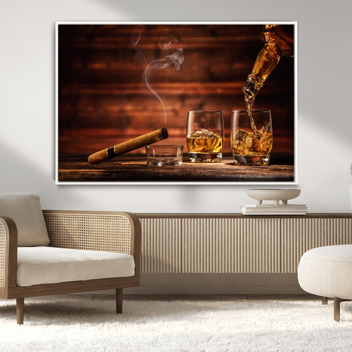 Whiskey and Cigar Wall Art Canvas | 3 Panel Bar Room Decor