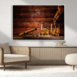 Whiskey and Cigar Wall Art Canvas | 3 Panel Bar Room Decor