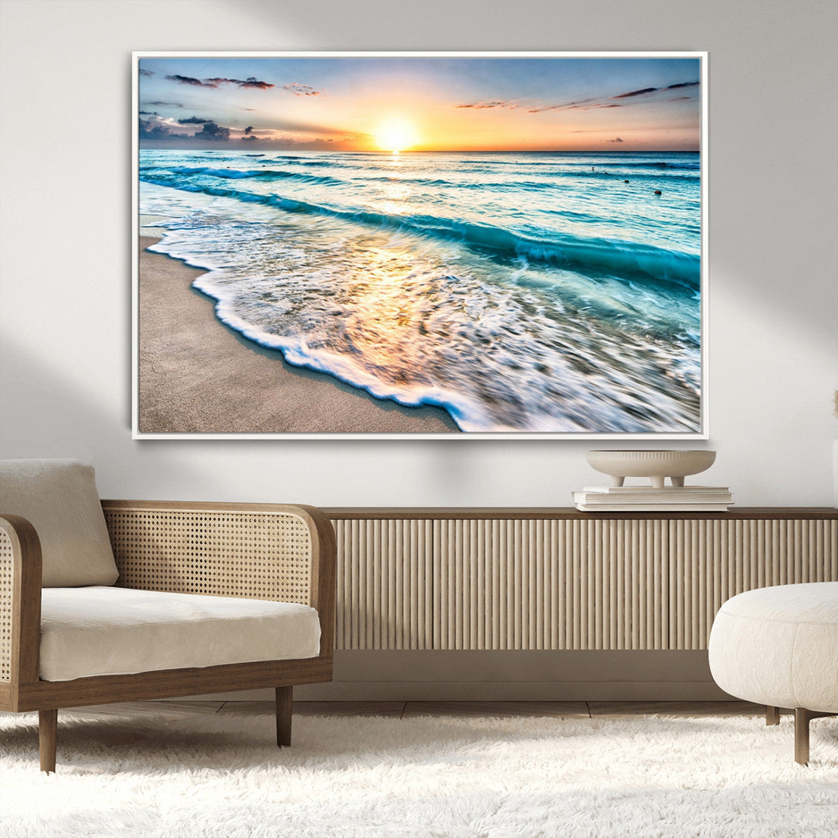 Sunset Beach Waves Canvas Wall Art – 5-Panel Ocean Sunset