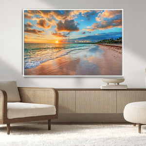 Sunset Ocean Waves on Tropical Beach, 3-Panel Giclee Canvas
