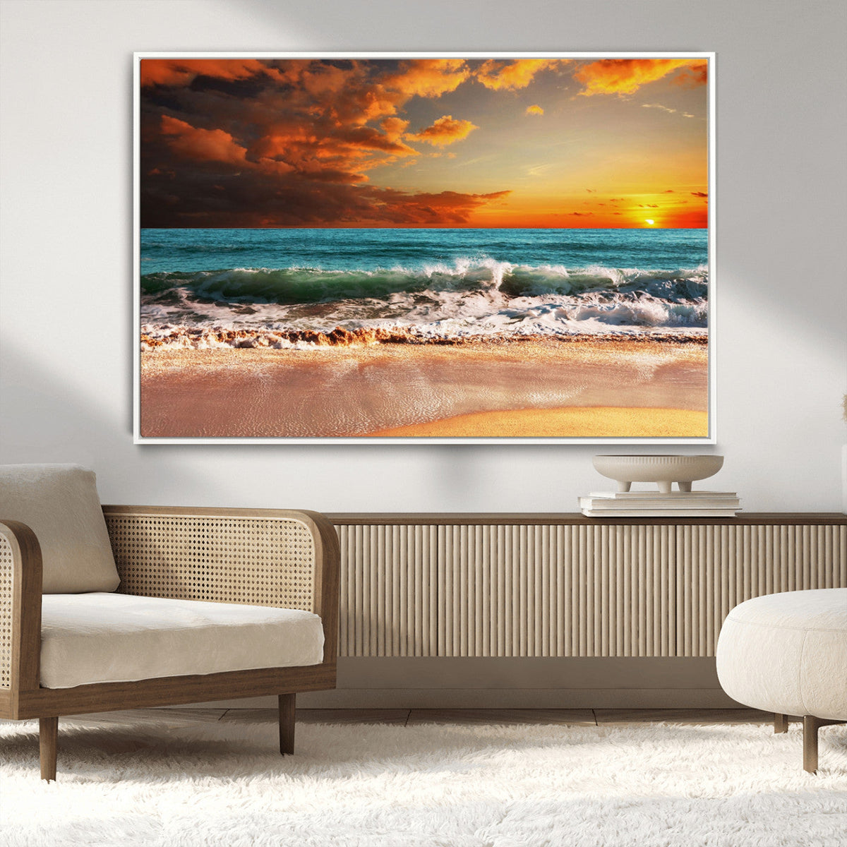 Golden Sunset Beach Canvas Wall Art – Triptych Seascape