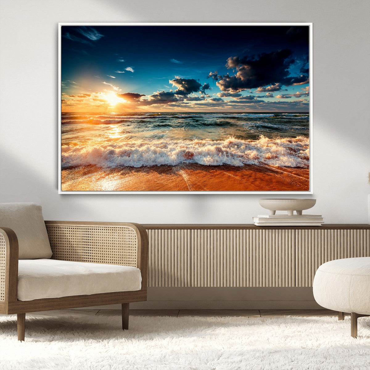 Golden Hour Sunset Over Ocean Waves Wall Art Canvas Print |